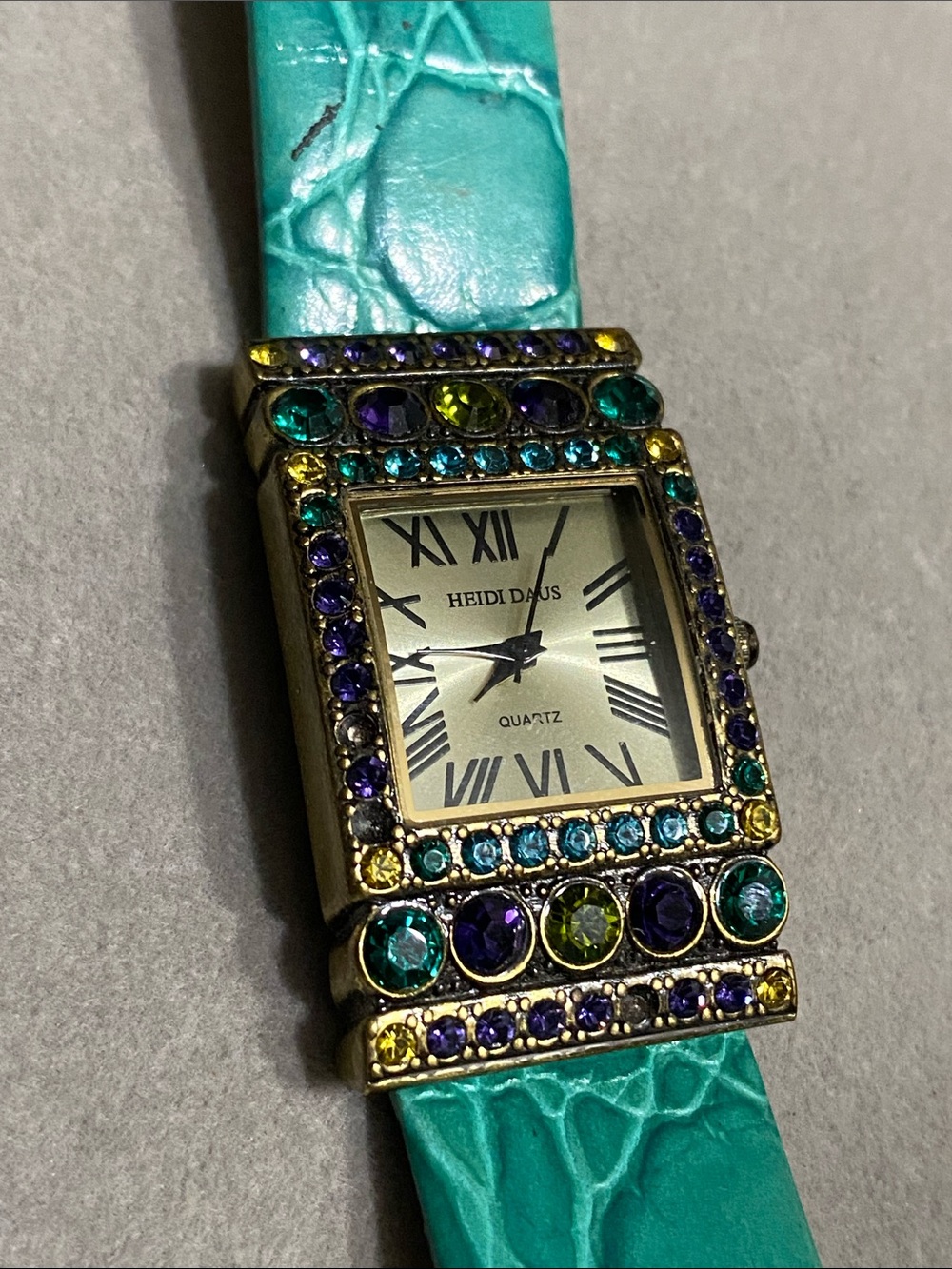 Heidi Daus Turquoise Strap Jeweled Gold-Tone Rectangle Watch